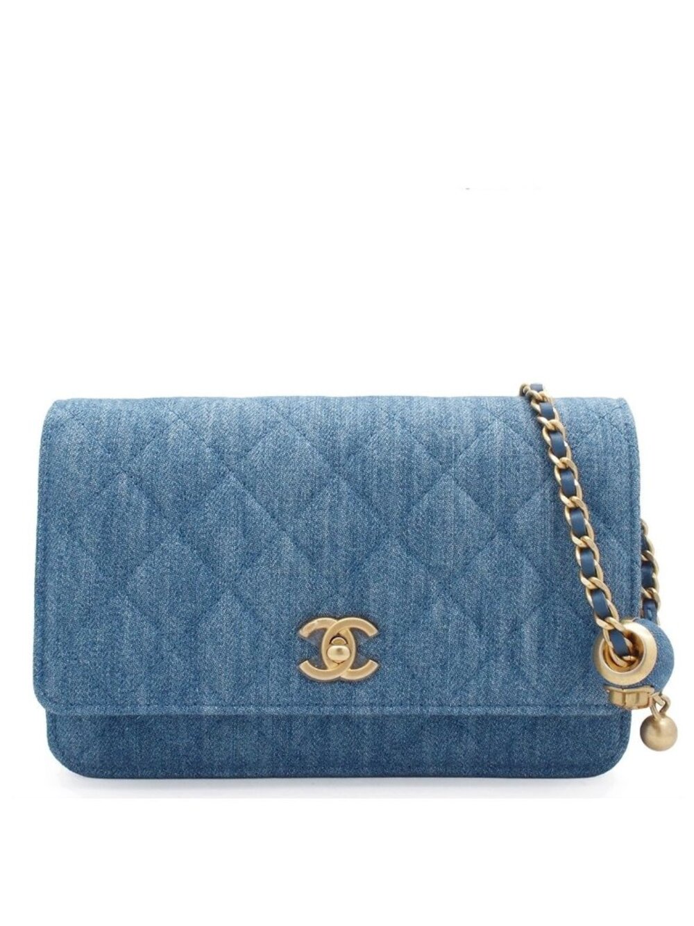 Chanel Quilted Chain Wallet Blue Gold Denim Lambskin Coco Ball Random Shoulder